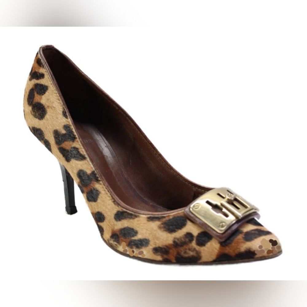 Tory Burch Designer Celina Leopard Animal Print Heels Pump Gold Logo 7 - Picture 5 of 11